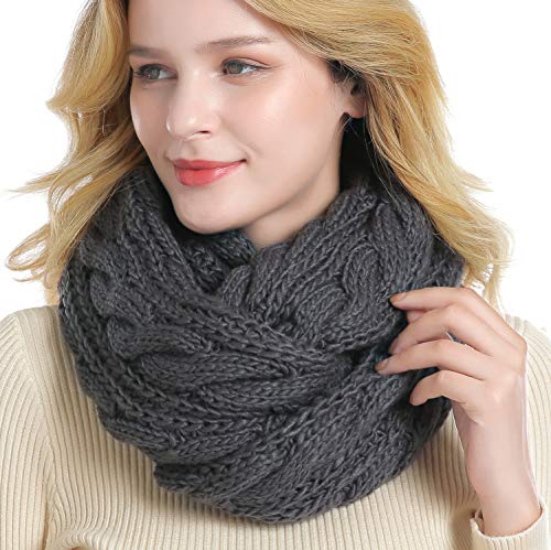 Winter Women Thick Cable Knit Ribbed Infinity Circle Loop Scarf - color: 01- Dark Grey