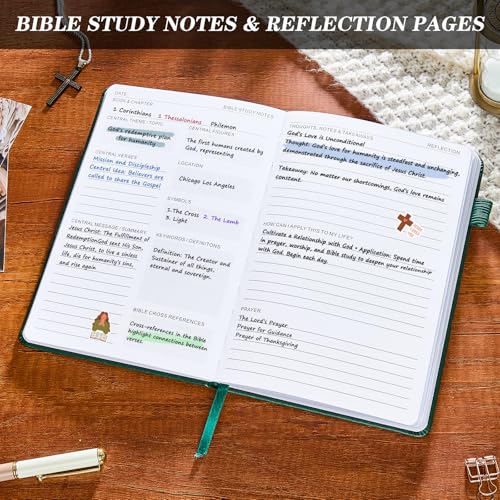 JUBTIC Bible Study Journal for Women – Green Scripture Notebook with Sermon Notes & Prayer Tracker, Christian Gift for Baptism, Graduation, or Easter, A5 Hard Cover Linen Journal - color: Dark Green