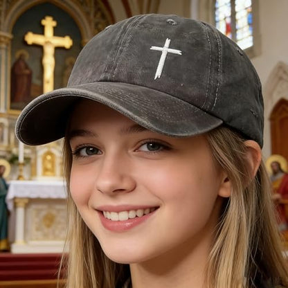 Unisex Washed Black Cross Baseball Cap, Adjustable Cotton Christian Faith Dad Hat, Casual Outdoor Embroidered Hat - color: Washed Grey2