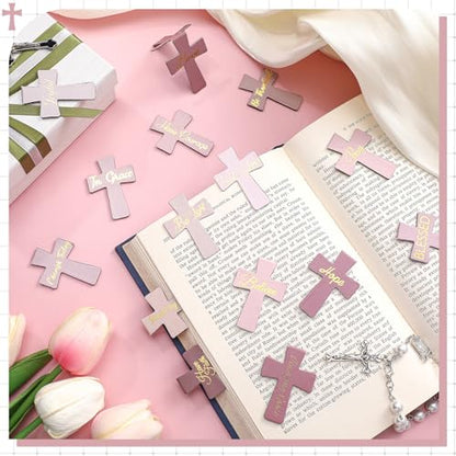 Outus 48 Pcs Magnetic Christian Religious Cross Bookmark, 16 Pink Styles