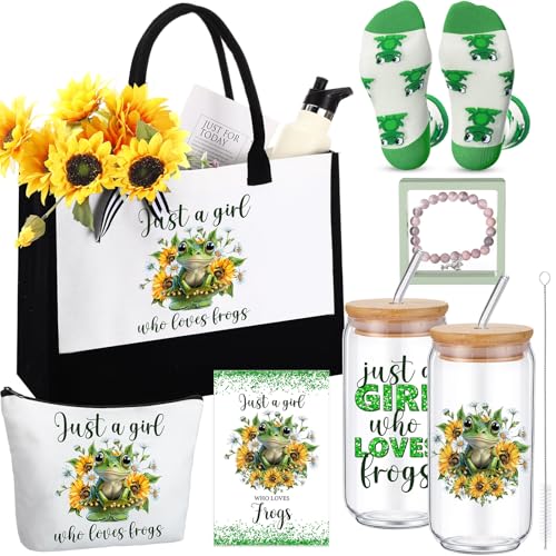 Pickmesh 7 Pack Frog Lover Gifts, Cute Frogs Gift Set for Women, Canvas Tote Bag, Makeup Bag, 16 oz Glass Cup, Socks, Greeting Card, Natural Stone Bracelet with Box - style: Frog