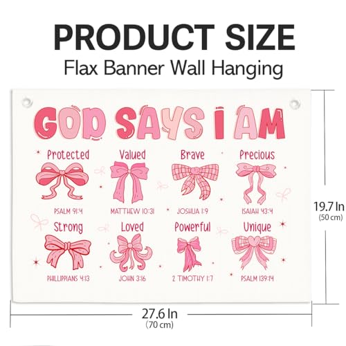 God Says I Am Coquette Pink Bow Linen Hanging Banner, Bible Verse Christian Wall Decor for Girls Bedroom - color: Multicolor 03