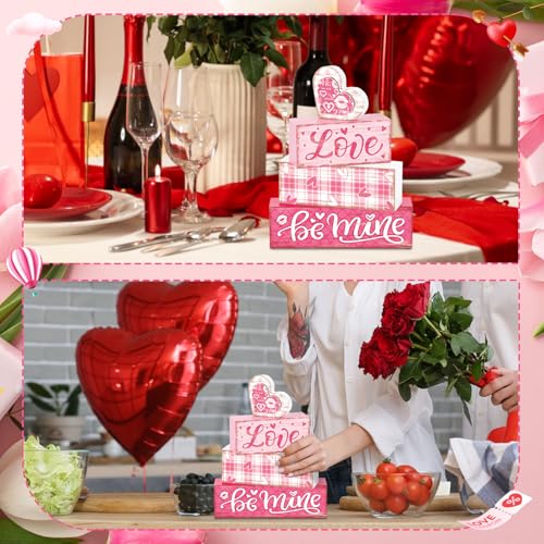 Britimes Tiered Tray Decor Set, 4 Pack, Wooden Table Sign, Valentine Plaid - style: Pink Love Plaid