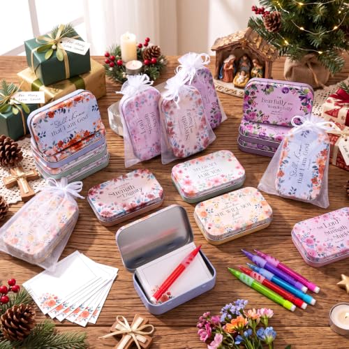 24 Sets Prayer Box Bulk with Cards, Pencils and Organza Bags, Floral Tin Prayer Boxes for Christian Gifts, Christmas, Church Favors, Bible Study, Baptism (Vibrant Floral) - style: Vibrant Floral