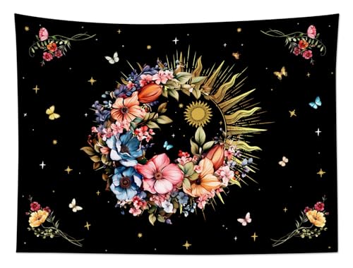 EOBTAIN Boho Sun Tapestry Retro Hippie Colorful Vintage Floral and Butterfly Nature Plant Tapestries for Bedroom Aesthetic Black and Gold Fabric Wall Hanging Decor for Living Room Bedroom 60"x40" - color: Black, size: 40"L x 60"W
