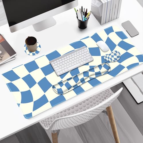 Desk Mat Pad, Gaming Mouse Pad Wrist Support Set, 4 in1 Non-Slip XXL Large Mousepad + Ergonomic Keyboard Wrist Rest+Mouse Wrist Rest+Coaster for Home Office Computer I Blue White Checker - color: Blue White Checker