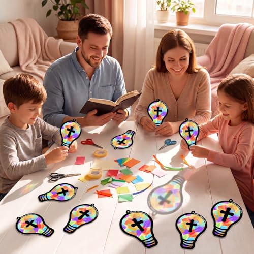 Renbuzhu 48PCS Sunday School VBS Crafts Bulk: Paper Lightbulb Cross Nativity Suncatchers, Jesus Religious Christian Activity DIY Kits Church Decorations, Window Stained Glass Effect Art Supplies - style: bulb cross