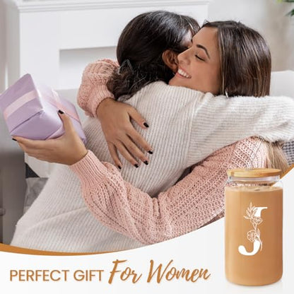 SANDJEST Monogrammed Gifts for Women - Monogram J Initial Glass Cup 16 Oz Can Coffee Cups with Lid and Straw - Monogram Initials Gifts for Womens on Birthday - color: Initial J