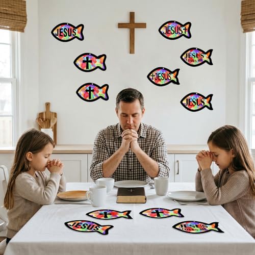 Renbuzhu 48PCS Sunday School VBS Crafts Bulk: Paper Jesus Fish Nativity Suncatchers, Religious Christian Activity DIY Kits Church Decorations, Window Stained Glass Effect Art Supplies - style: jesus fish