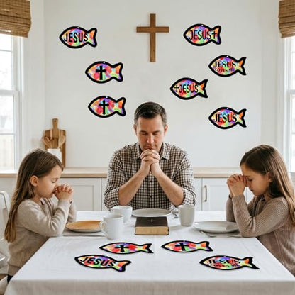 Renbuzhu 48PCS Sunday School VBS Crafts Bulk: Paper Jesus Fish Nativity Suncatchers, Religious Christian Activity DIY Kits Church Decorations, Window Stained Glass Effect Art Supplies - style: jesus fish