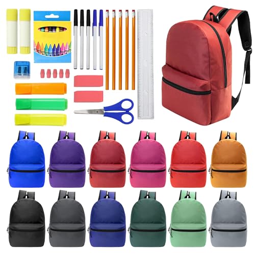 12 Pack 17" Bulk Backpacks with 36 Piece School Supplies Kits, 12 Colors - color: 12 Colors Asst, size: 36 Piece SS Kit