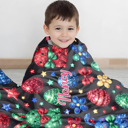 KiKiLuna Personalized Easter Bunny Flannel Throw Blanket, 10 Cartoon Designs, Custom Name Cute Spring Egg Pattern Cozy Gift for Kids Girls - color: Design 11