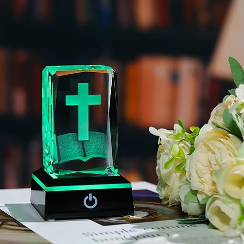 Qianwei 3D Crystal Cross Bible Figurine with Colorful Light Base, Laser Engrave Religious Gifts for Women Man Christian Gifts for Friend Sister - color: Cross Bible