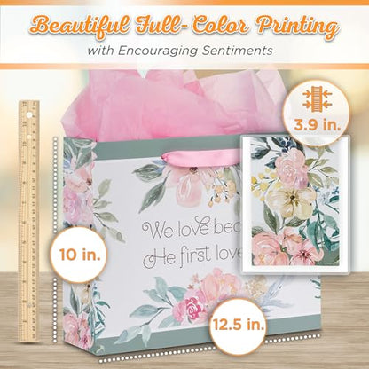 Christian Art Gifts Large Gift Bag with Card & Tissue, He First Loved Us - color: First Love Us/Green & Pink, style: Large Landscape