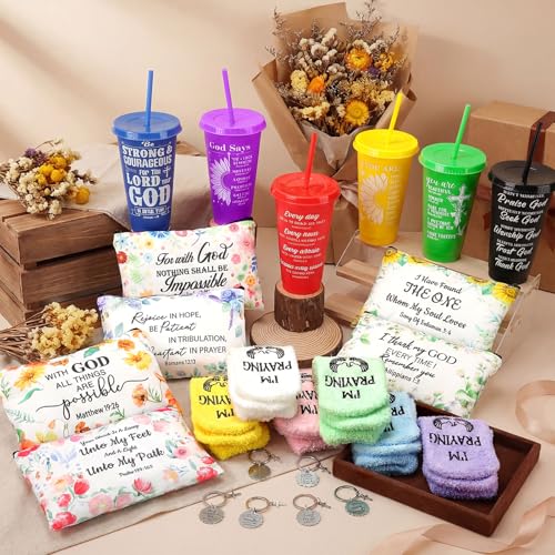 Funnymoom 24 Pcs Floral Christian Church Gifts Bulk for Women 24 oz Religious Plastic Tumbler Cup Bible Verse Makeup Cosmetic Bag Crew Sock Inspirational Keychain for Church Volunteer VBS Appreciation - style: Inspirational Christian