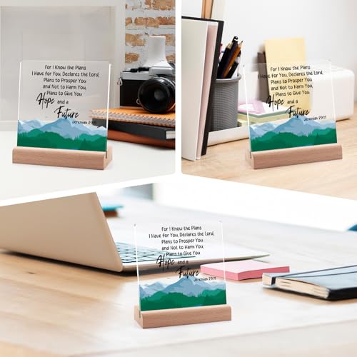 Christian Acrylic Plaque with Wooden Stand Inspirational Gifts Desk Decor Signs Religious Home Decor Encouragement Spiritual Gifts Faith Easter Christmas Bible Verse Prayers Gift for Friend Coworker