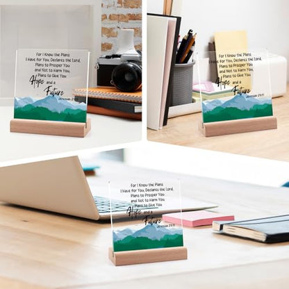 Christian Acrylic Plaque with Wooden Stand Inspirational Gifts Desk Decor Signs Religious Home Decor Encouragement Spiritual Gifts Faith Easter Christmas Bible Verse Prayers Gift for Friend Coworker