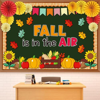 Fall Thanksgiving Bulletin Board Set for Classroom Decoration Fall is in The Air Paper Cutouts with 3D Paper Fans Autumn Leaves Pumpkins Bulletin Board for School Office Harvest Wall Decor - style: Fall is in The Air