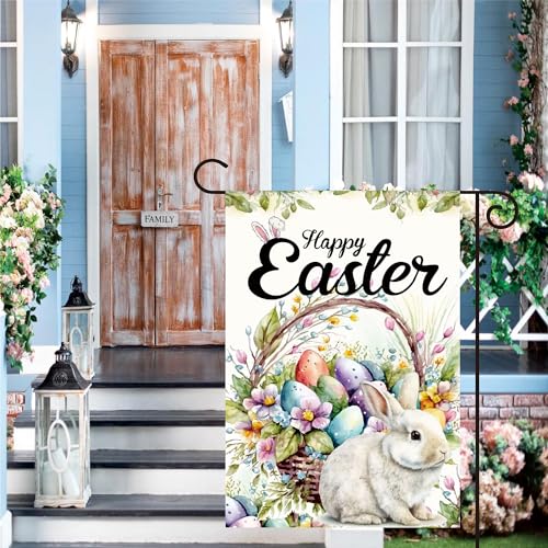 Easter Egg Bunny Garden Flag Easter Garden Flags 12x18 Double Sided The Flower Yard Is Decorated With Outdoor Flags Yard Flag Garden Flags for Outside Flower Seasonal Farmhouse Yard Outdoor Flag