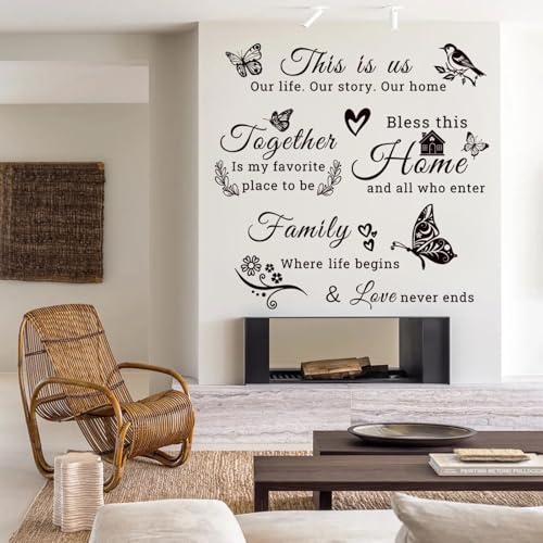 Family Vinyl Wall Decor Stickers This is Us, Together, Home, Family Scripture Quote Wall Decals, Butterfly Decal Inspirational Quotes Sticker Set for Home Office Decor(Black)