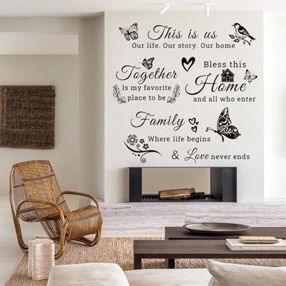 Family Vinyl Wall Decor Stickers This is Us, Together, Home, Family Scripture Quote Wall Decals, Butterfly Decal Inspirational Quotes Sticker Set for Home Office Decor(Black)