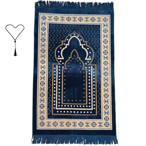 Turkish Muslim Prayer Rug, Mat with Beads for Men Women, Ramadan Hajj Gift (Blue) - color: Blue
