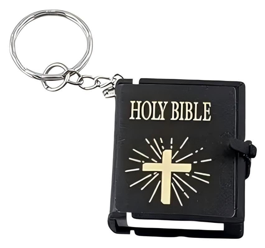 Miniature Holy Bible Keychain - Black Zinc Alloy Scripture Pendant with Cross Charm, Compact Christian Jewelry for Men and Women (Key Ring and Bag Accessory)