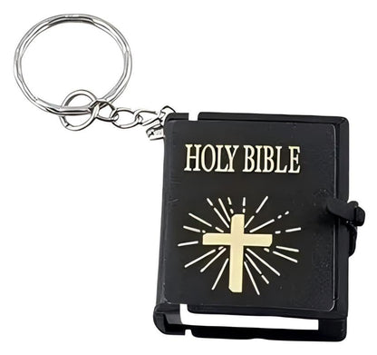 Miniature Holy Bible Keychain - Black Zinc Alloy Scripture Pendant with Cross Charm, Compact Christian Jewelry for Men and Women (Key Ring and Bag Accessory)