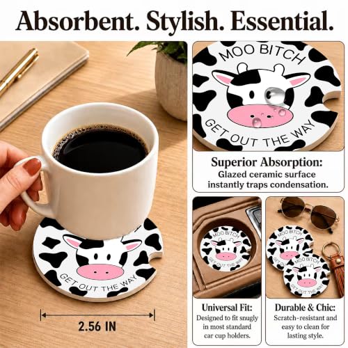 Funny Cow Car Coasters, Moo Get Out The Way Coquette Cup Holders, 13 - color: Funny Cow