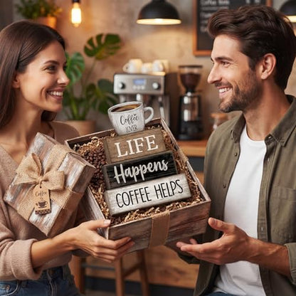Moucuny 4 Pcs Wooden Coffee Bar Signs Farmhouse Table Decor Blocks - style: Coffee Lover