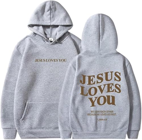 New Jesus Loves You Hoodie Christian Faith Over Fear Hoodie Faith Sweatshirt Christian Religious Sayings Sweater - color: Grey, size: Medium