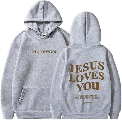 New Jesus Loves You Hoodie Christian Faith Over Fear Hoodie Faith Sweatshirt Christian Religious Sayings Sweater - color: Grey, size: Small