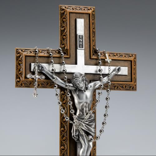 BC Catholic 12"H Crucifix Jesus Wall Cross with Stainless Steel Rosary - size: 12"L x 7.1"W