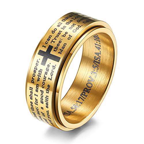 Men's Stainless Steel Bible Verse Christian Lord's Prayer Cross Ring Wedding Bands Engraved Praying - color: Spinner - Gold