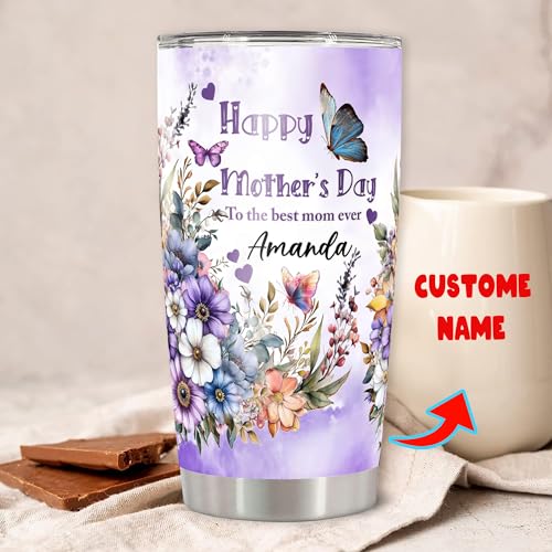 Personalized Mom Tumbler Custom Name Insulated cups Travel Coffee Mug with Lids Stainless Steel 20 30 Oz Gifts for Mom Women Grandma Mother's Day - color: Happy 631