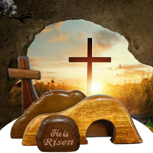 Easter Scene Wooden Decorations - Empty Tomb Resurrection Scene and Cross Decor - Jesus Christian Religious Tomb Signs Tiered Tray Decoration for the Home Table Office - style: Classic