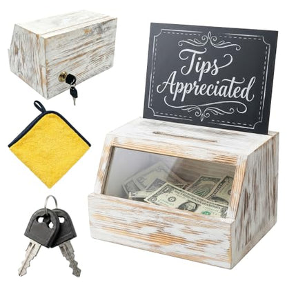 Tip Jar with Lock and Key – Wooden Cash Box for Bar, Cafe and Food Truck
