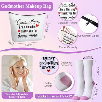 Pickmesh 7 Pack Godmother Gifts for Women Birthday, God-mother Appreciation Gifts from Godchild, Godmother Are a Blessing Tote Bag, Makeup Bag, 16 oz Glass Cup, Socks, Card, Stone Bracelet with Box - style: Godmother