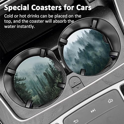 Car Coaster for Cup Holders,Dark Forest Nature Mountain Universal Anti Slip Ceramic Car Cup Coaster with Finger Notch Set of 2 Cute Auto Interior Accessories for Women Men - color: Dark Forest