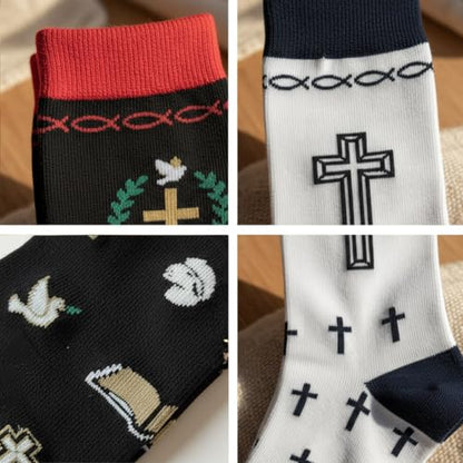 shiningsoul 4-Pack Christian Mid-Calf Socks for Men & Women, Religious Socks with Cross, Dove, Fish Symbol Design, 2 Pack White & 2 Pack Black