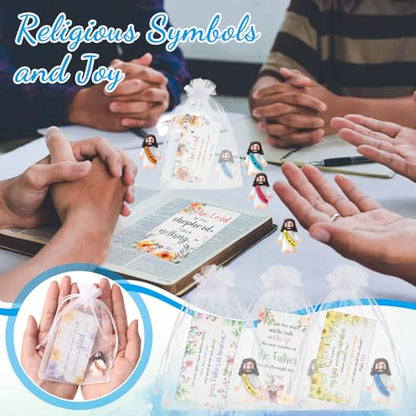 Bememo 50 Sets Christian Gifts Bulk Bible Verse Cards Include Little Jesus Figures Prayer Cards and Organza Bags for Religious Party Favors Sunday Baptism Gifts(Flower Style,Bright) - color: Bright, style: Flower Style