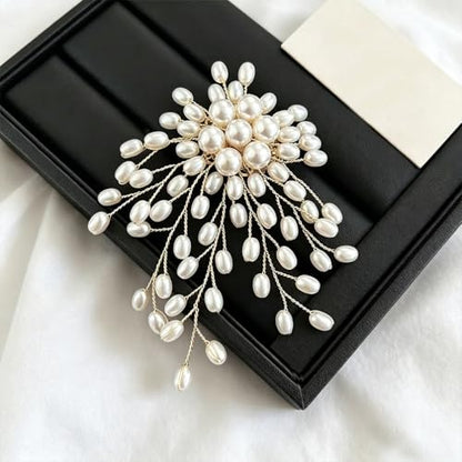 Large White Oval Pearl Floral Beads Brooches Pin for Women Statement Dainty
