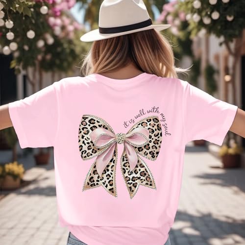 Leopard Bow Shirt Cheetah Bow Shirt Christian Shirts for Women Faith Bible Verse Shirts God Coquette Graphic Tees - color: Pink, size: Large