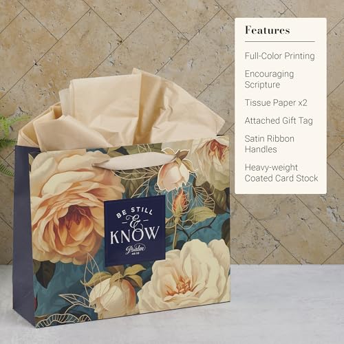 Christian Art Gifts Large Gift Bag with Tissue Paper, Be Still, Rose - color: Be Still/Multicolor Floral, style: Large Landscape