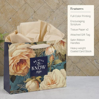 Christian Art Gifts Large Gift Bag with Tissue Paper, Be Still, Rose - color: Be Still/Multicolor Floral, style: Large Landscape