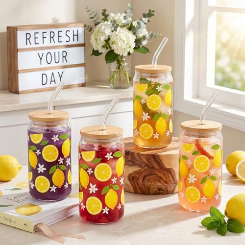 Glass Cups with Lids and Straws, 4Pack, 16oz, Summer - color: Lemon