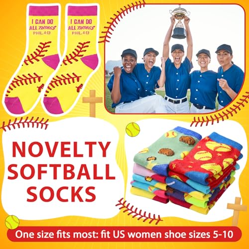 Suhine 12 Pairs Softball Bible Verse Socks Christian Softball Team Socks I Can Do All Things Religious Appreciation Gift Crew Cotton Birthday Sport Party Gifts for Women Men Sport Lovers Team Players