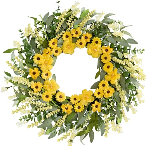 Spring Wreath 22 Inch Spring Wreaths for Front Door Artificial Summer Wreath with Yellow Daisy Green Eucalyptus Leaves Lavender for Home Wall Farmhouse Porch Springtime Easter Holiday - color: Yellow