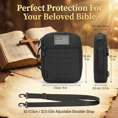 Tactical Bible Cover for Men, Large Bible Case with Shoulder Strap & US Flag Patch, Water Resistant Bible Carrier Bag with Handle, Multi Pockets for Church Study & Travel（Black） - color: Black