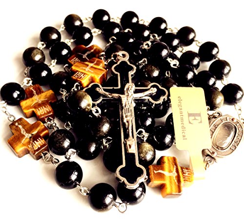 elegantmedical HANDMADE Catholic BLACK 10MM Obsidian BEADS Lourdes Water medal ROSARY CROSS NECKLACE BOX Mens Womens gift